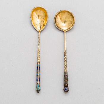 A salt cellar, mark of D. Nikitin, and 2 spoons, poss. P. Abrosimov and M. Andreyevna, enamel, silver. Moscow 1899-1908.