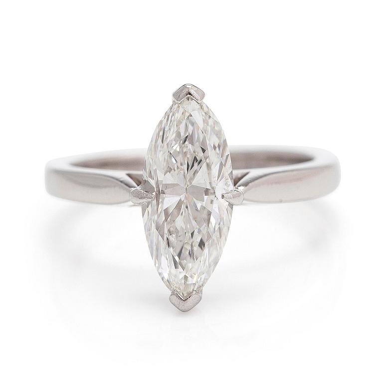 A platinum ring, with a marquise-cut diamond approximately 1.84 ct.