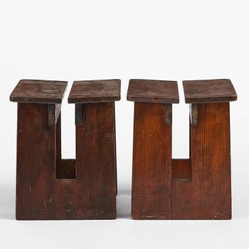 Axel Einar Hjorth, a pair of stained pine "Skoga" stools, Nordiska Kompaniet, Sweden, 1930s.