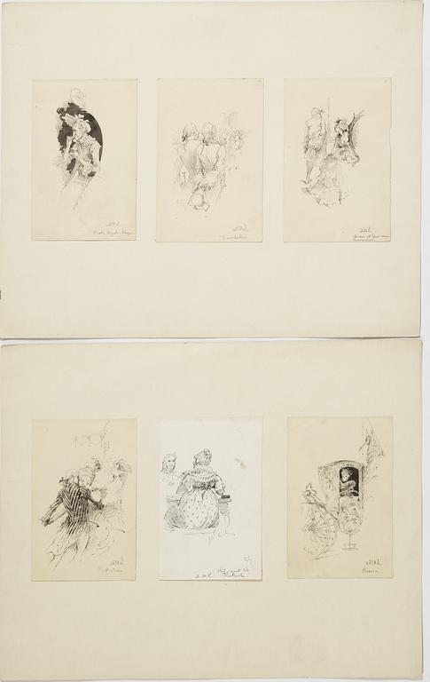 Carl Larsson,  6 drawings, signed C.L, Indian ink and hightening white mounted on cardboard.