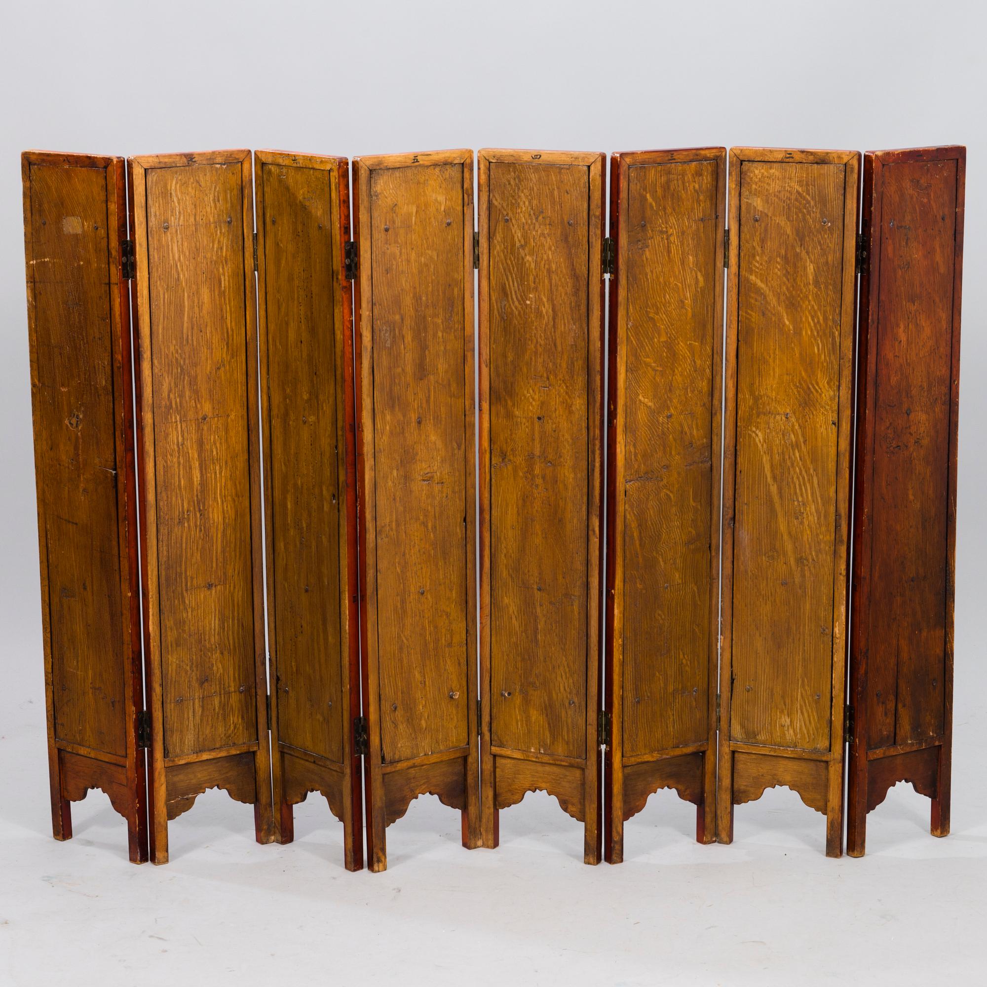 A Chinese folding screen with 48 porcelain tiles, late Qing dynasty, signed Ren Huanzhang, and dated 1881.