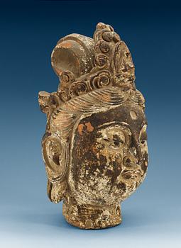 1508. A Yuan/Ming style sculptured and painted wood head of Bodhisattva Guanyin, possibly Ming dynasty (1368-1644).