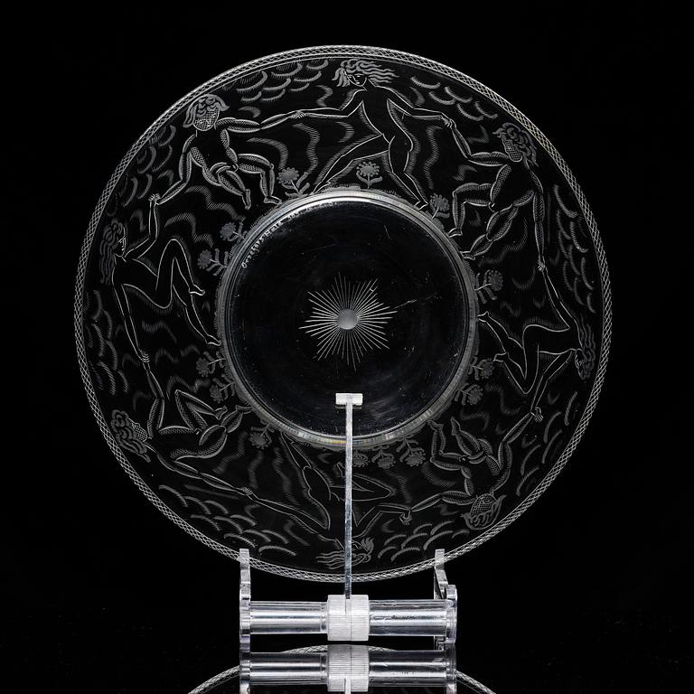 Edward Hald, an engraved glass bowl with plate, Orrefors, Sweden, 1926, model 305, engraved by Emil Goldmann.