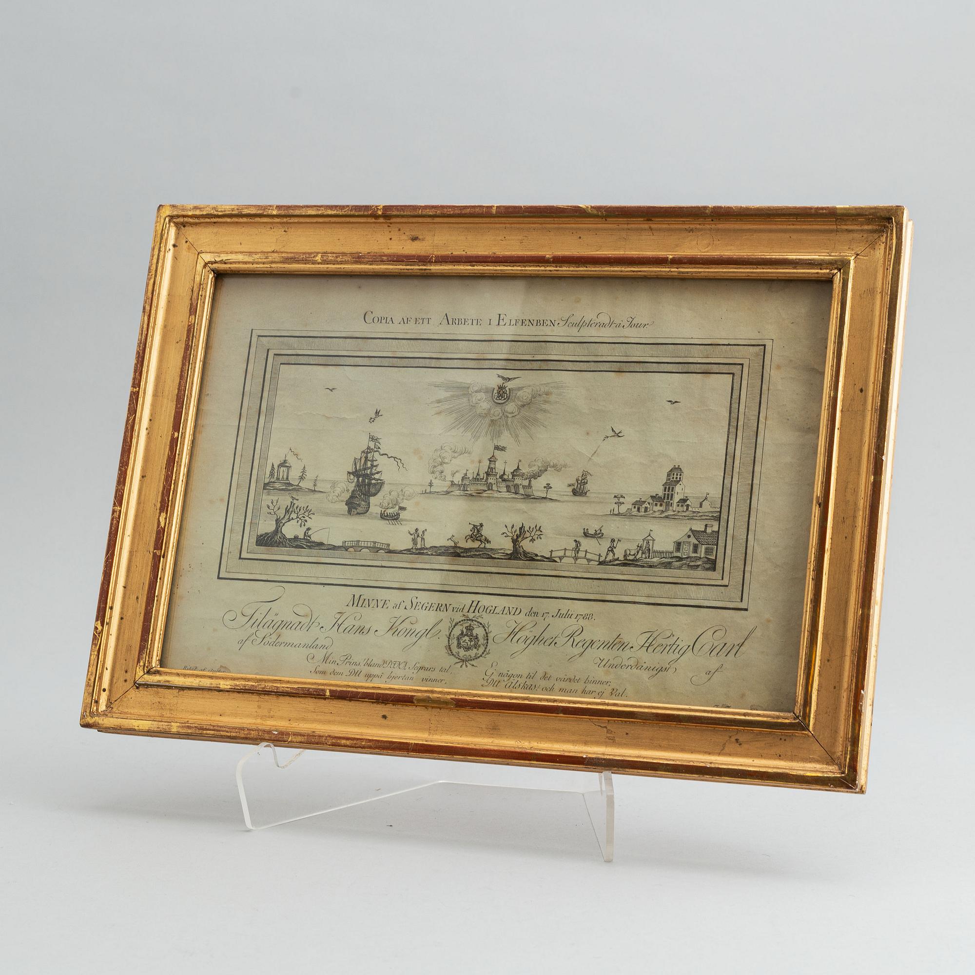 A gustavian frame with enfraving vy Fredrik Akrel after a drawing by Jean Jacques von Biland, 18th Century.