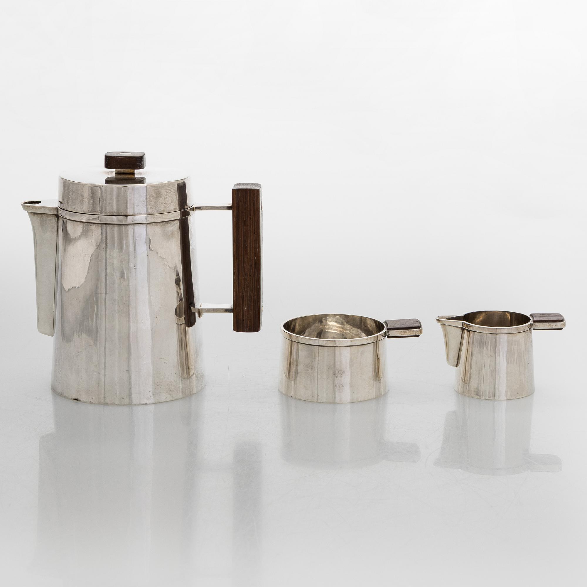 Bertel Gardberg, Coffee set, 3 pieces, 916 silver and rosewood, Toivo V. Toukonen, Helsinki, 1956.