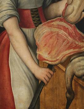 Joachim Beuckelaer, circle of/follower of, Kitchen scene with Jesus in the house of Martha and Mary in the background.