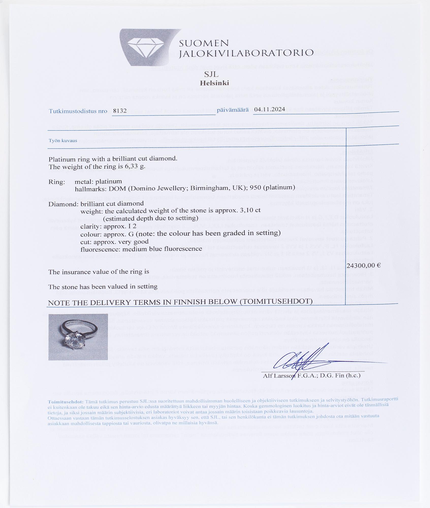 A platinum ring, with a brilliant-cut diamond approximately 3.10 ct. Domino Jewellery, Birmingham, England.