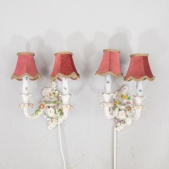 Chandelier and a pair of sconces, Rococo-style Dresden mid-20th century porcelain.