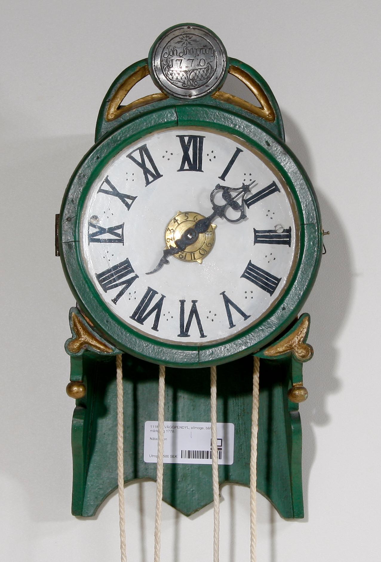 VÄGGPENDYL, allmoge, bär märkning 1770.