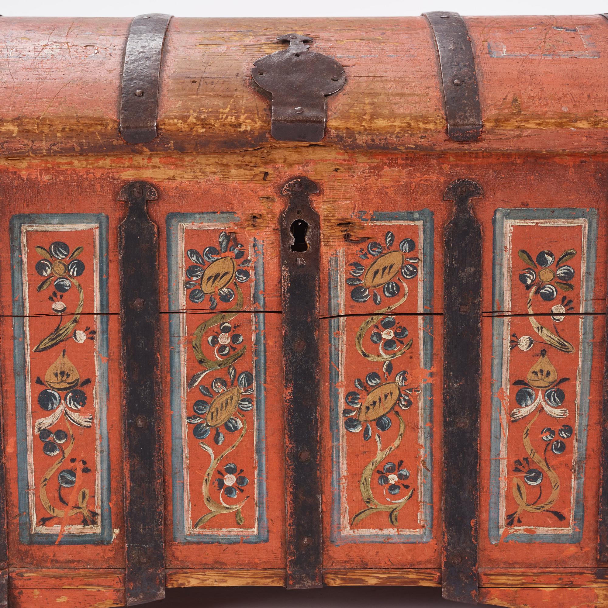 A painted provincial chest, Norbotten, Sweden, dated 1827.
