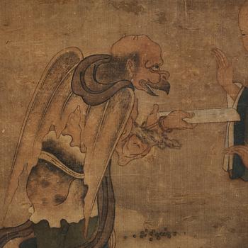 A Japanese Kakiemono, ink and watercolour on silk, Edo period.