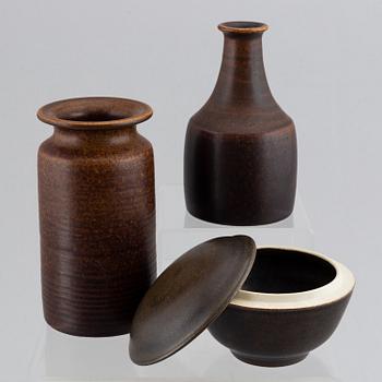 Erich & Ingrid Triller, a glazed stoneware lidded bowl and two vases, Tobo.