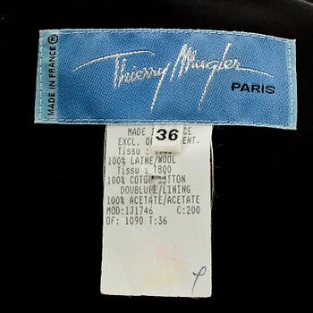 THIERRY MUGLER, a two-piece black wool and velvet dress consisting of jacket and skirt.