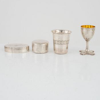 nine silver punsch mugs, Fritz Olsson AB and Ceson, Sweden, 1961, also two silver cups and two silver boxes.