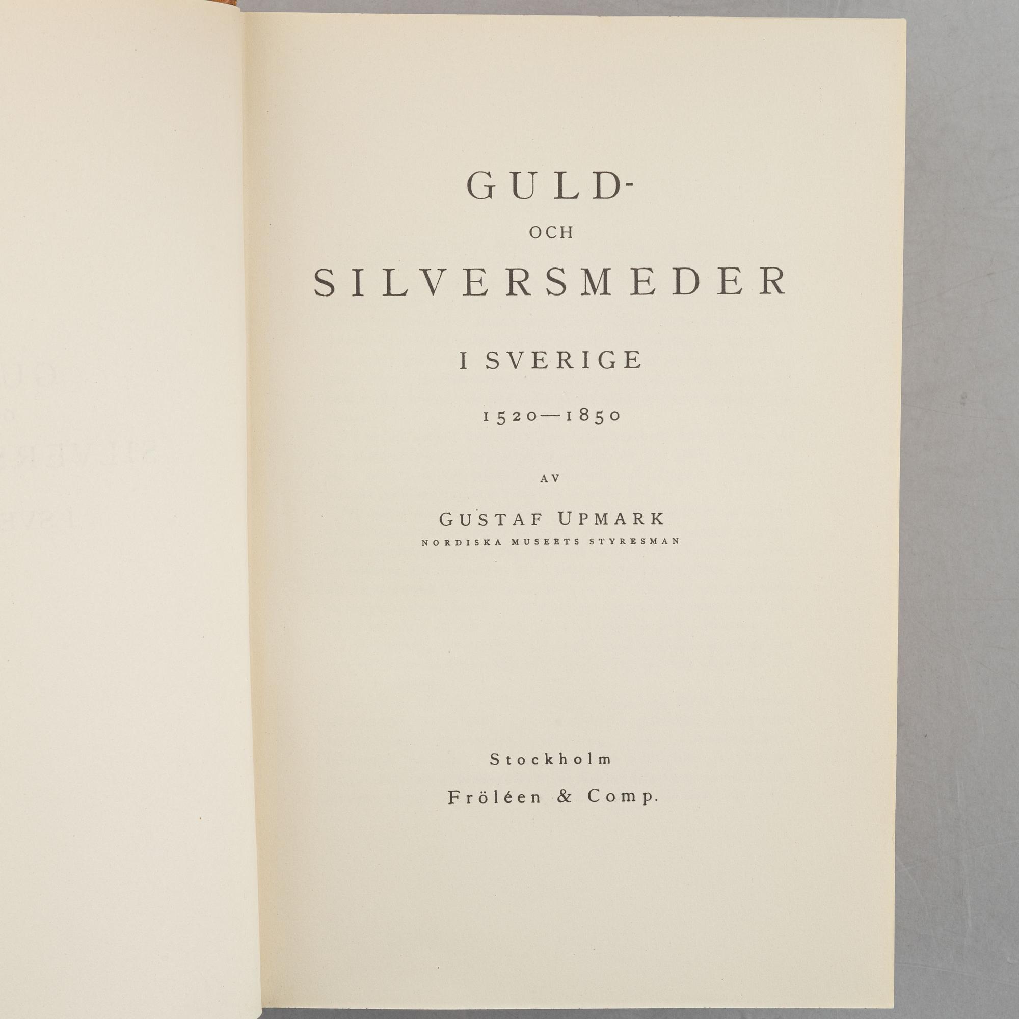 Collection of literature on silver, 8 volumes, including 'Svenskt silversmide 1520-1850'.