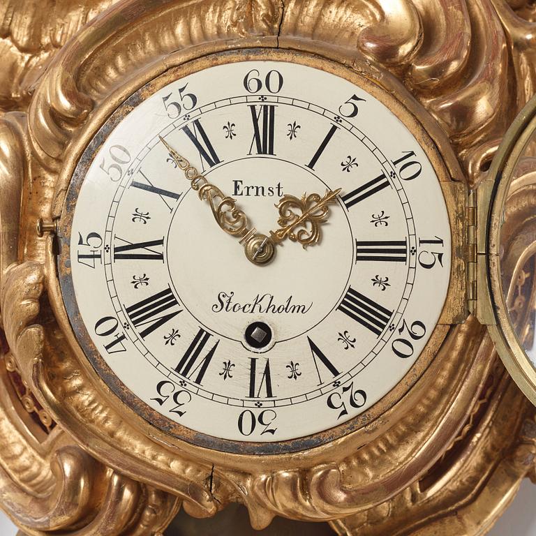 A Swedish Rococo l18th century wall clock by Petter Ernst (clockmaker in Stockholm 1753-1784).