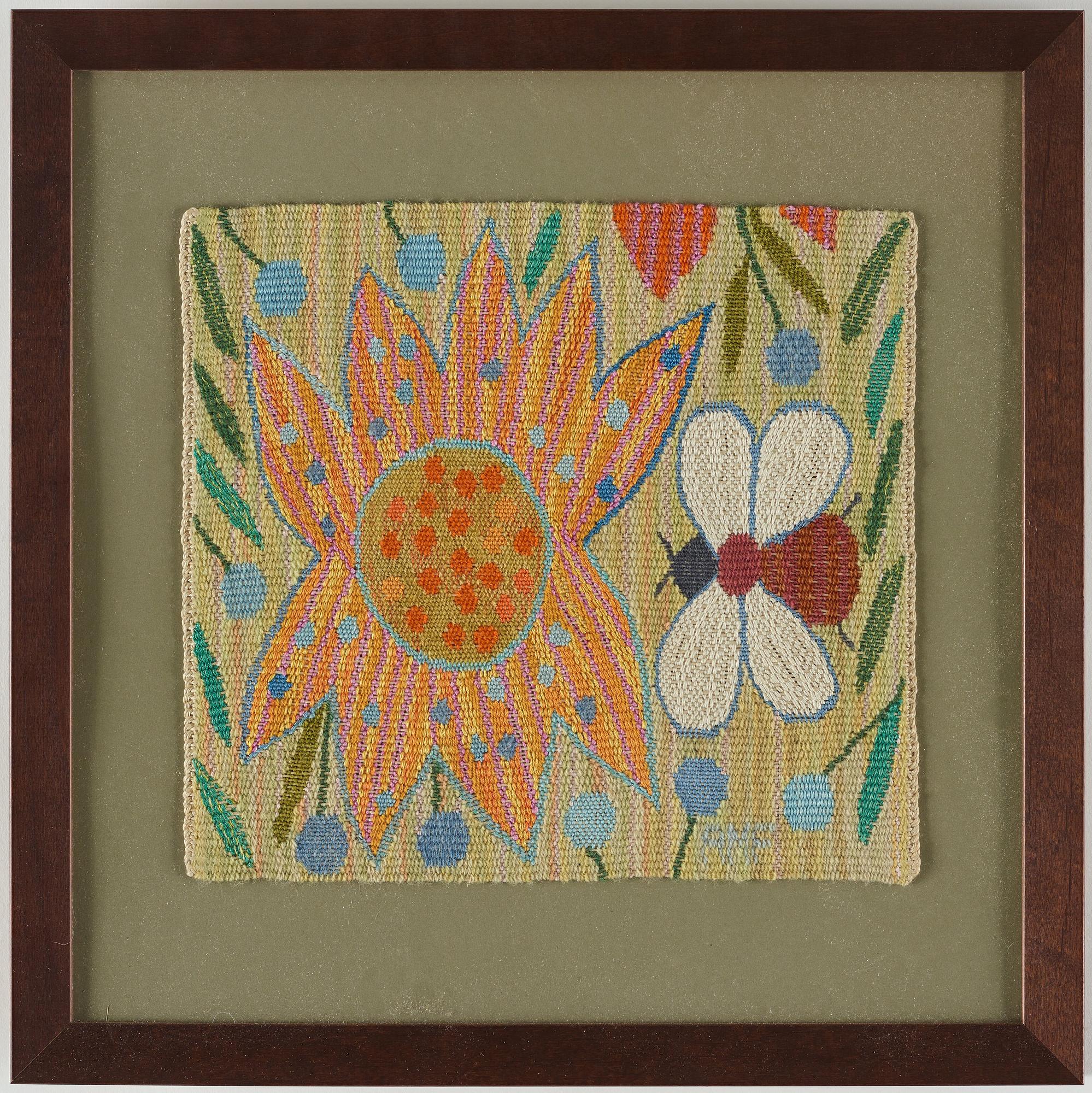 Ann-Mari Forsberg, vävnad, "Bilöpare", gobelängvariant, ca 27,5 x 30 cm, signerad AMF, inramad (med ram ca 44 x 43,5 cm).