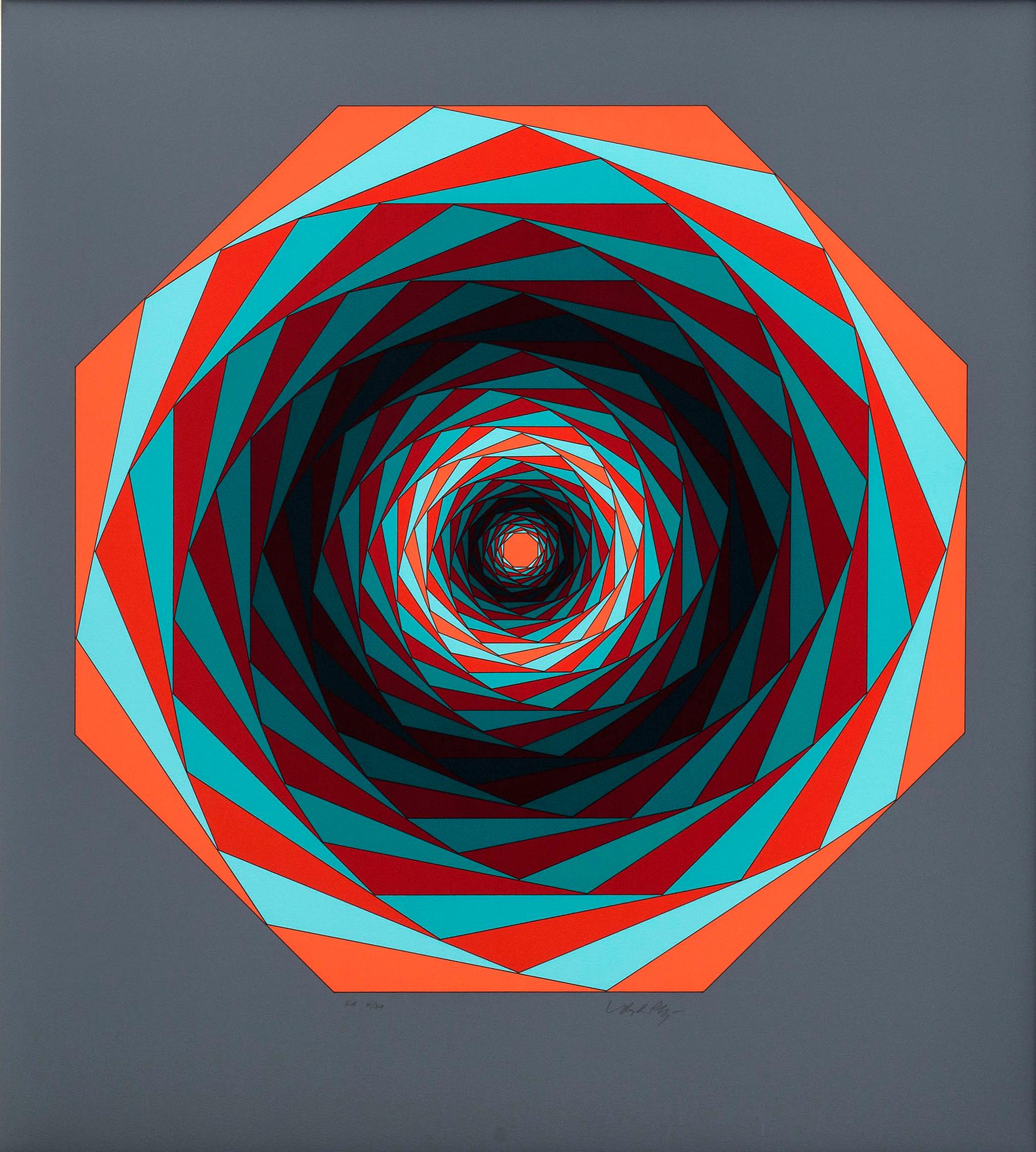 VICTOR VASARELY, "JALONS" SIX SERIGRAPH AND A PLEXIGLASS 'Optometri', NUMBERED EA 4/30 AND SIGNED.