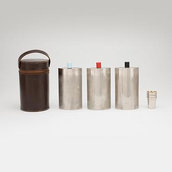 POCKET-FLASKS, three piece with accompanying glasses in brown leather casing.
