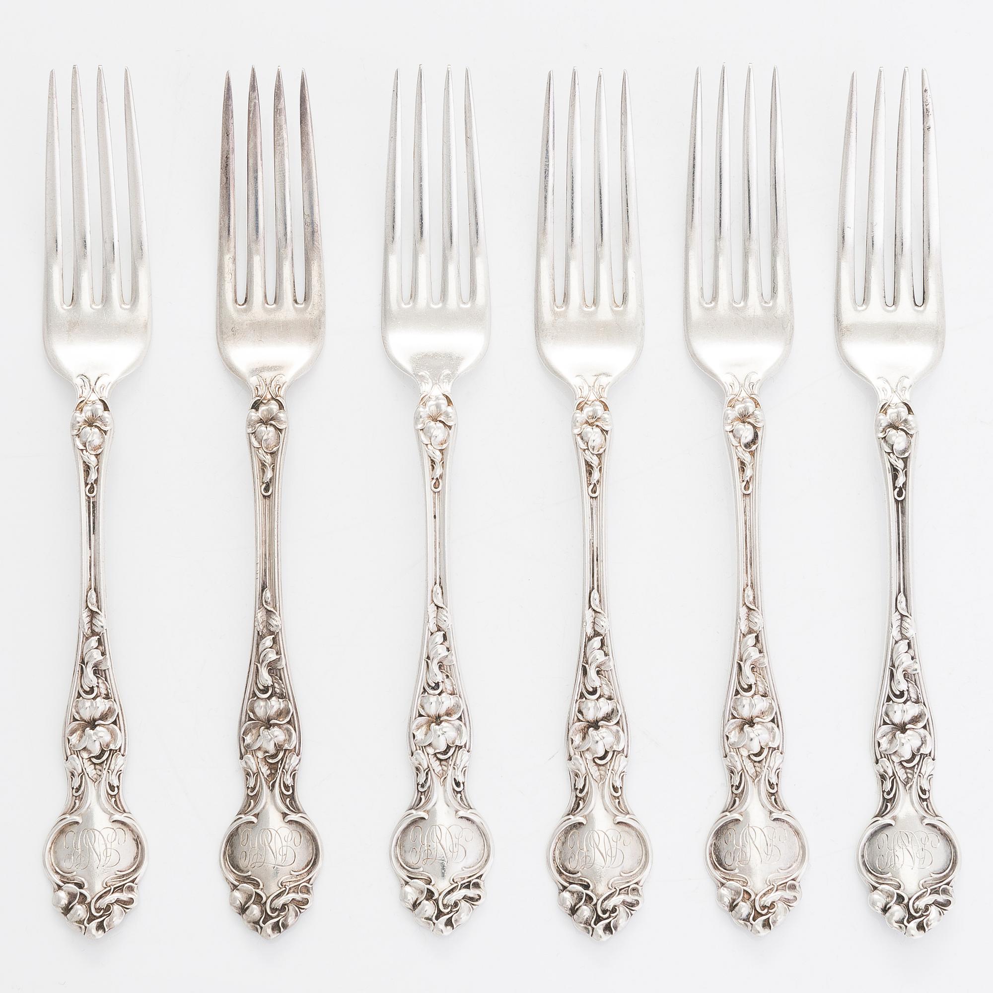 R. Wallace & Sons, bestickuppsättning, 29 dlr, sterling silver, "Violet", Connecticut, Usa tidigt 1900-tal.