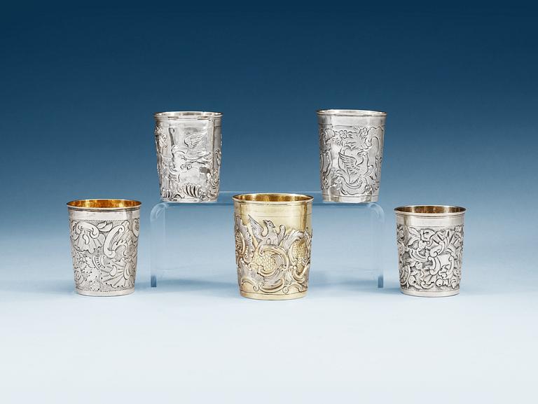 Five Russian 18th century silver beakers, marked Moscow.