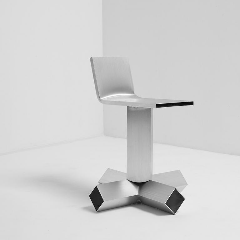 David Taylor, a unique stool, "Aluminium Stool (Mandolin)", Studio Mellösaverken, Sweden, 2025.