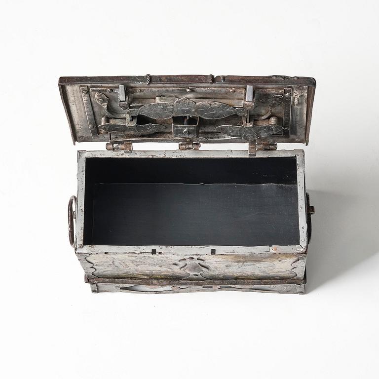 A South German presumably Nuremberg polychrome-painted wrought baroque iron casket, 17th century.
