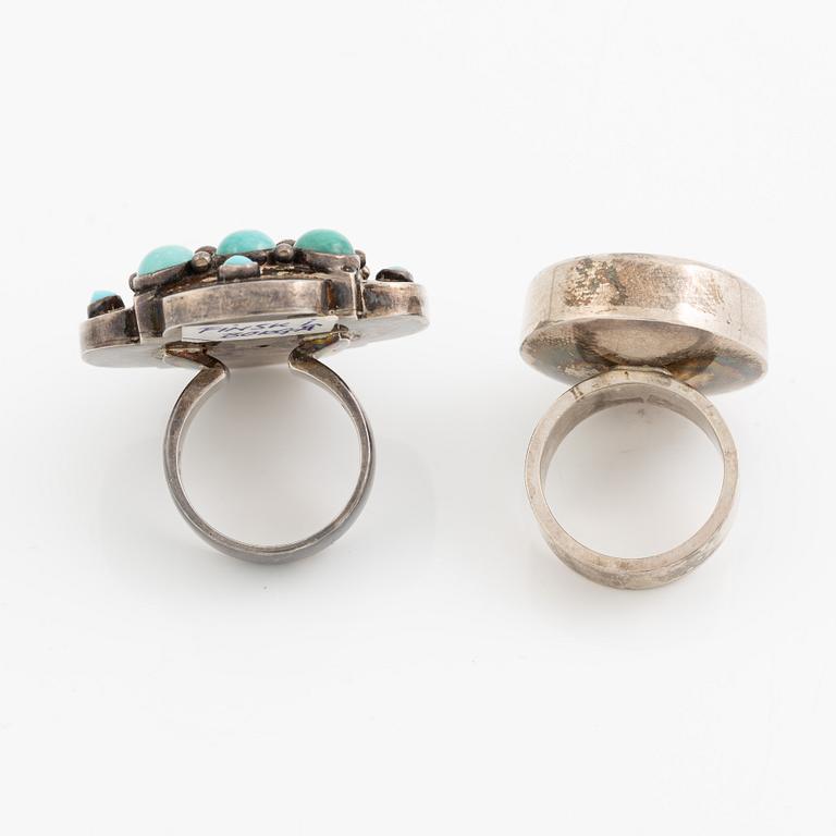 Two rings, silver with turquoise-coloured stones, KI Johansson, Gothenburg 1968 and Finland.