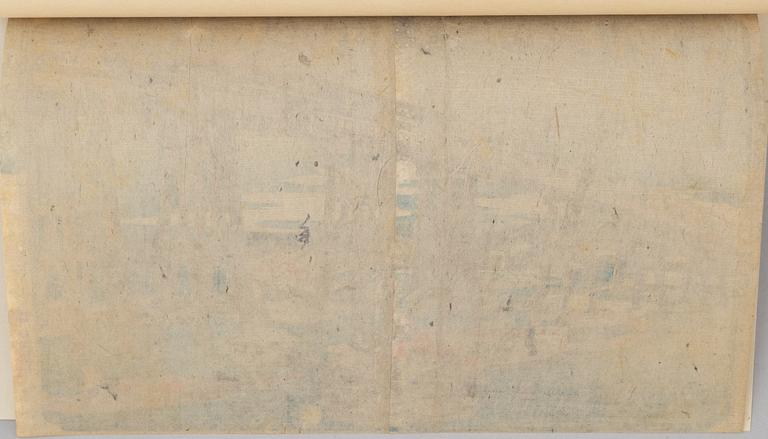 Ando Utagawa Hiroshige, two woodblock prints 'Cooling off at Ryōgoku Bridge' and 'Fireworks at Ryogoku Bridge'.