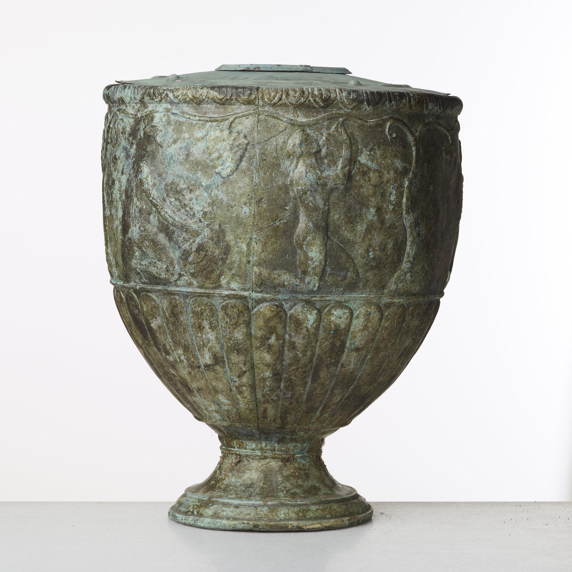 Ivar Johnsson, "Vinskörden", a pair of patinated copper urns, Swedish Grace 1920-30's.