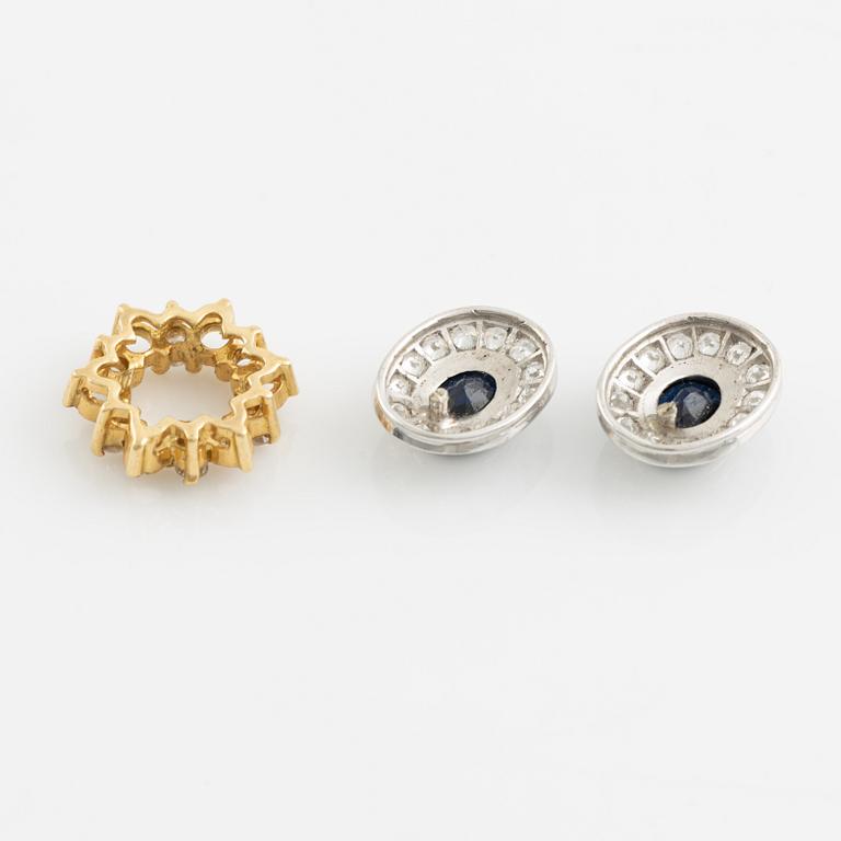 Två lösa delar till örhänge med safirer och briljantslipade diamanter samt hänge med briljantslipade diamanter.