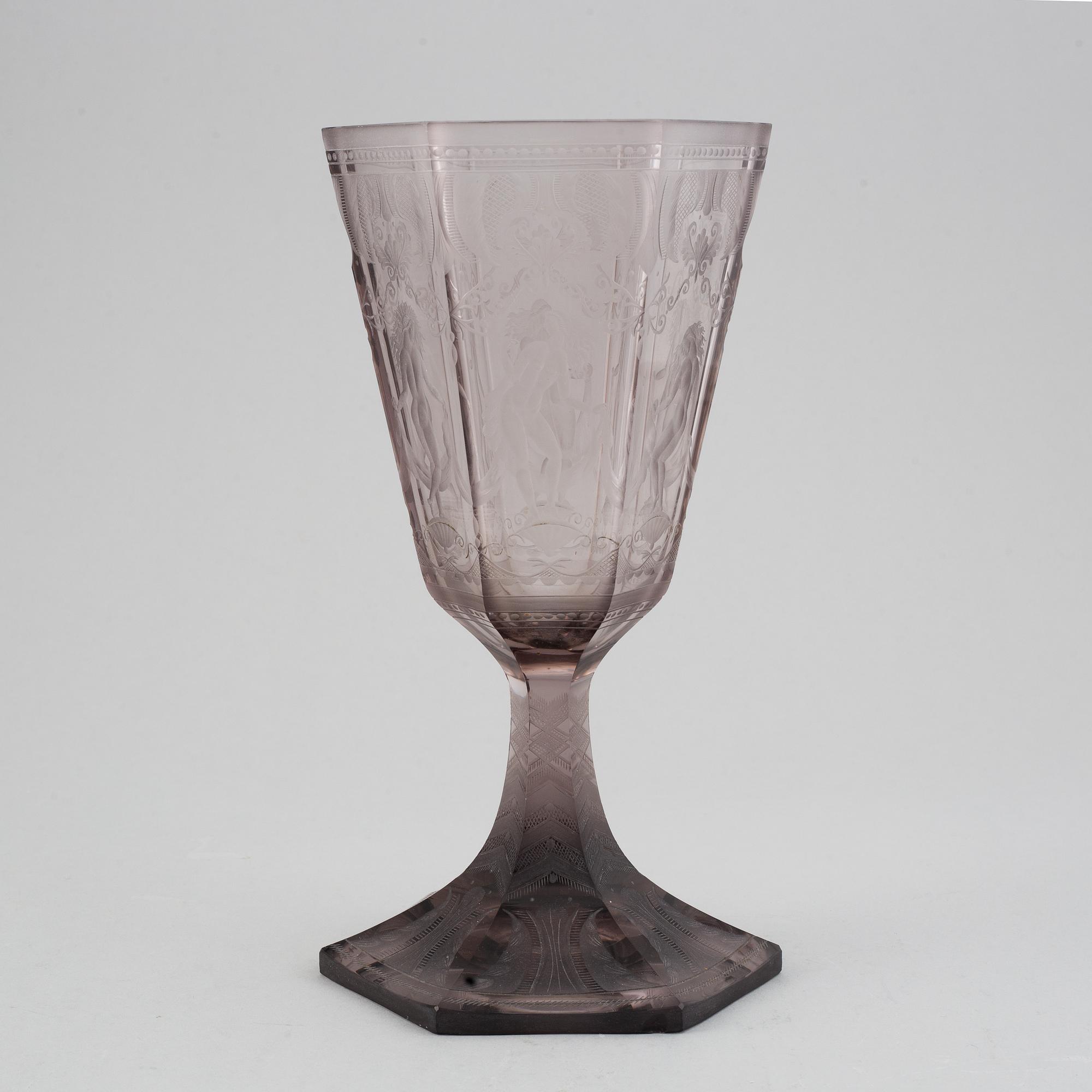 Simon Gate, an engraved glass goblet " Six Graces", Orrefors, Sweden 1925, model 154, engraved by Elis Rydh.
