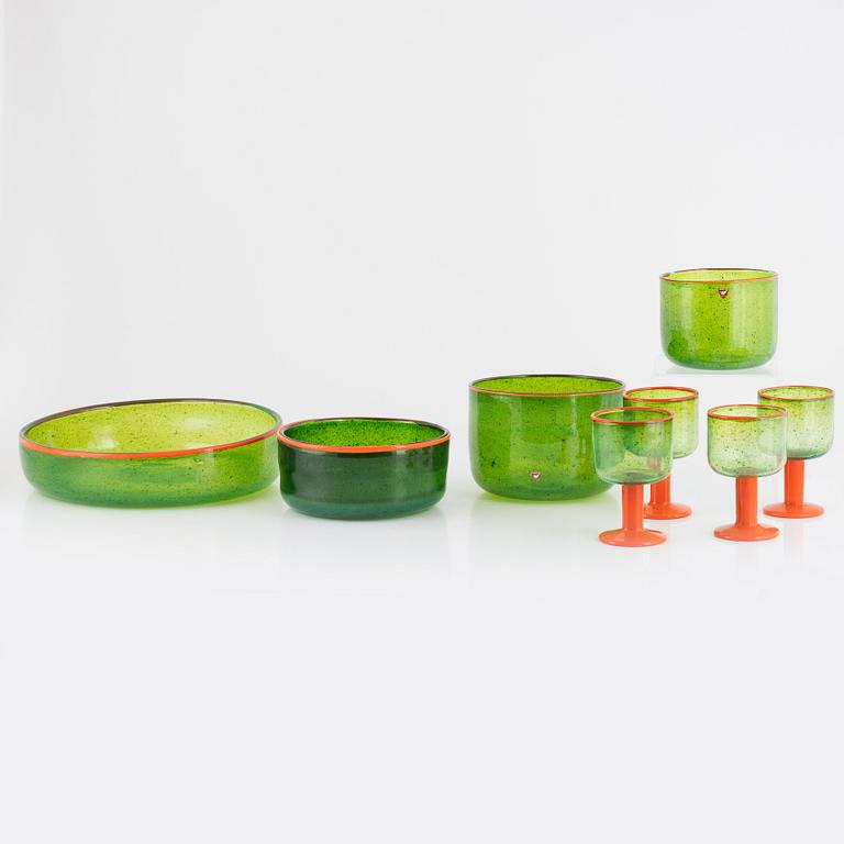 Gunnar Cyrén, four wine glasses and four glass bowls, Orrefors, Sweden, 1960's.