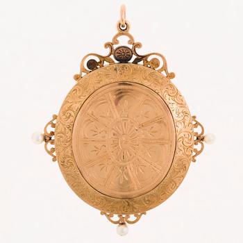 HÄNGE / RAM, miniatyrmålning från tidigt 1800-tal, 18K guld, emalj, diamanter, rubiner, pärlor.