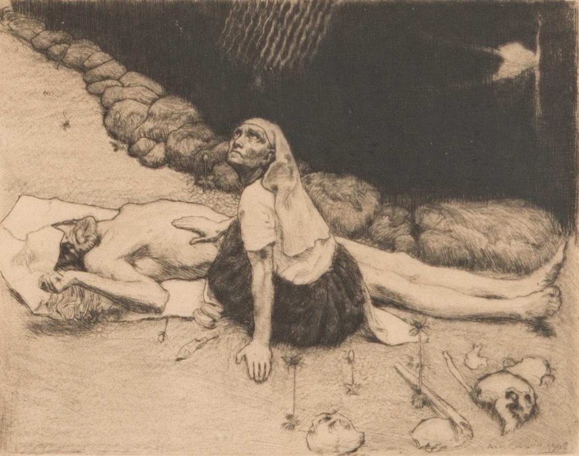 Akseli Gallen-Kallela, linjeetsning och torrnål, plåtsignerad och daterad 1905. Blyertssignerad med dedikation.