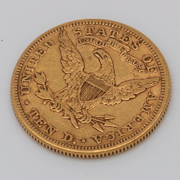 A 10 dollars Liberty Head gold coin from USA, 1881.