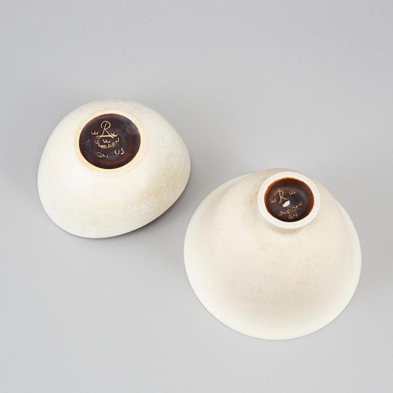 GUNNAR NYLUND, three stoneware vases and two stoneware bowls, Rörstrand, Sweden.
