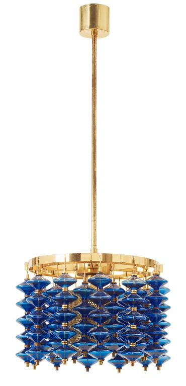 A Hans-Agne Jakobsson brass and blue glass ceiling lamp, Markaryd, Sweden 1960's-70's.