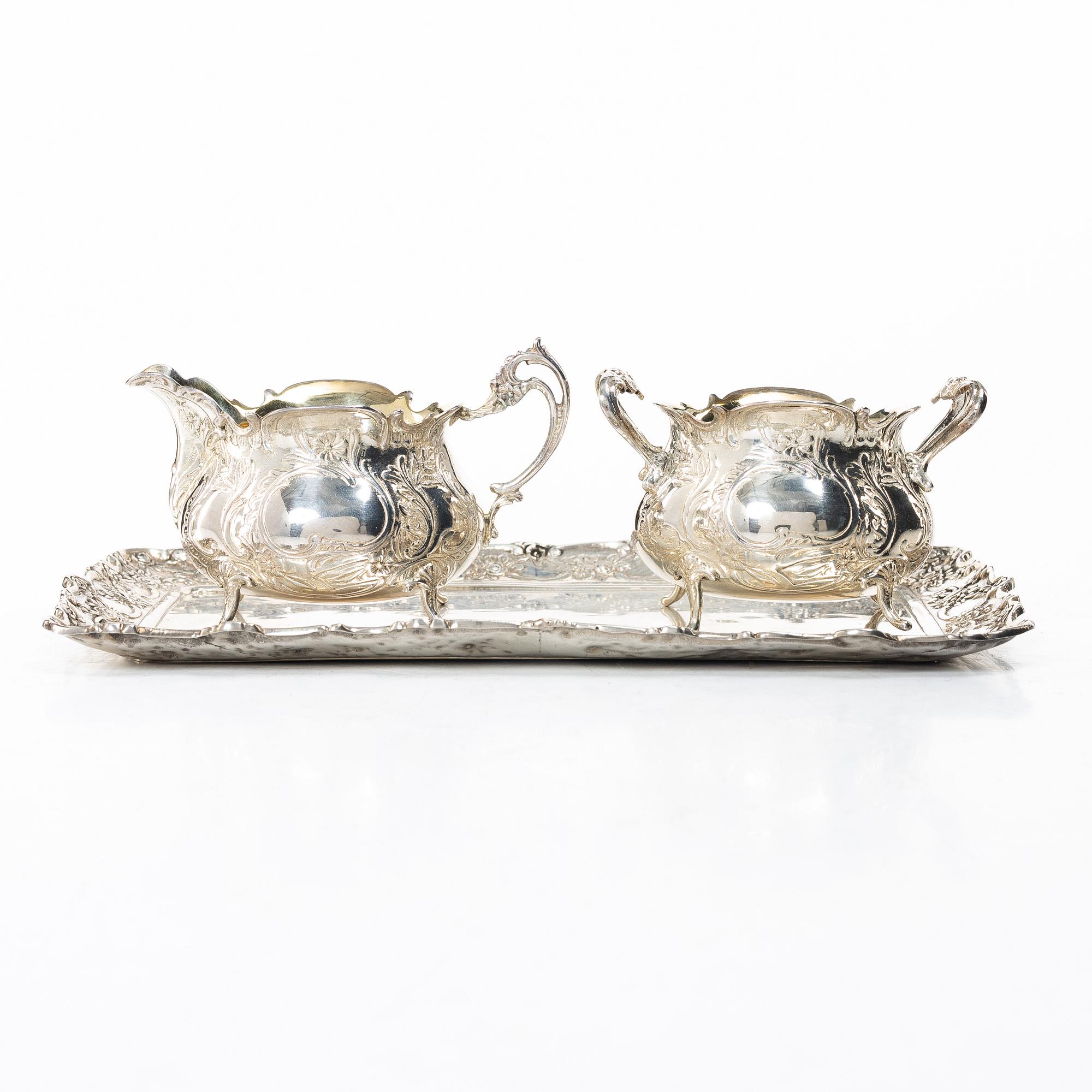 Tray, cream jug and sugar bowl, silver, GEWE, Malmö, 1959–68.