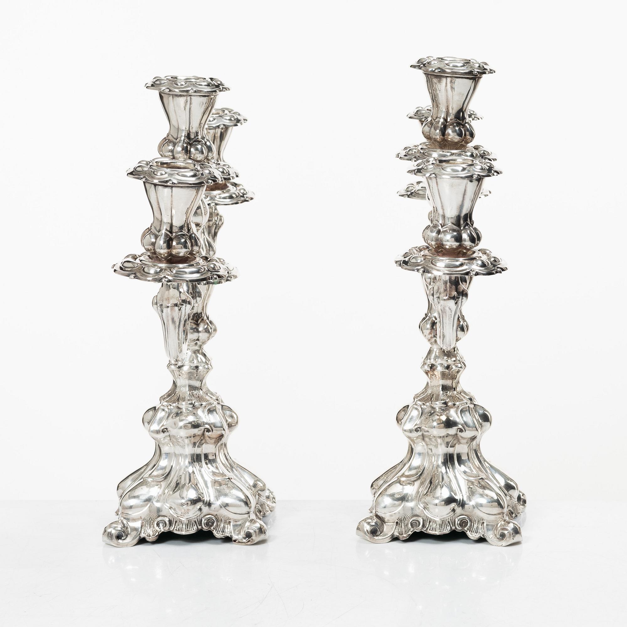 A pair of silver candelabra, Baroque style, Swedish import mark, 20th century.