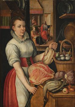 791. Joachim Beuckelaer, hans krets/efterföljd, Köksscen med Jesus i Marthas och Marias hus i bakgrunden.