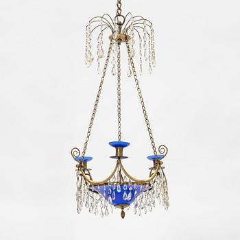 A late Gustavian three-light chandelier, Stockholm, late 18th century.