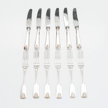 Bestickuppsättning, 24 delar, silver, "Musslan", finska stämplar, Åbo, Tavastehus, Helsingfors 1925-1953.