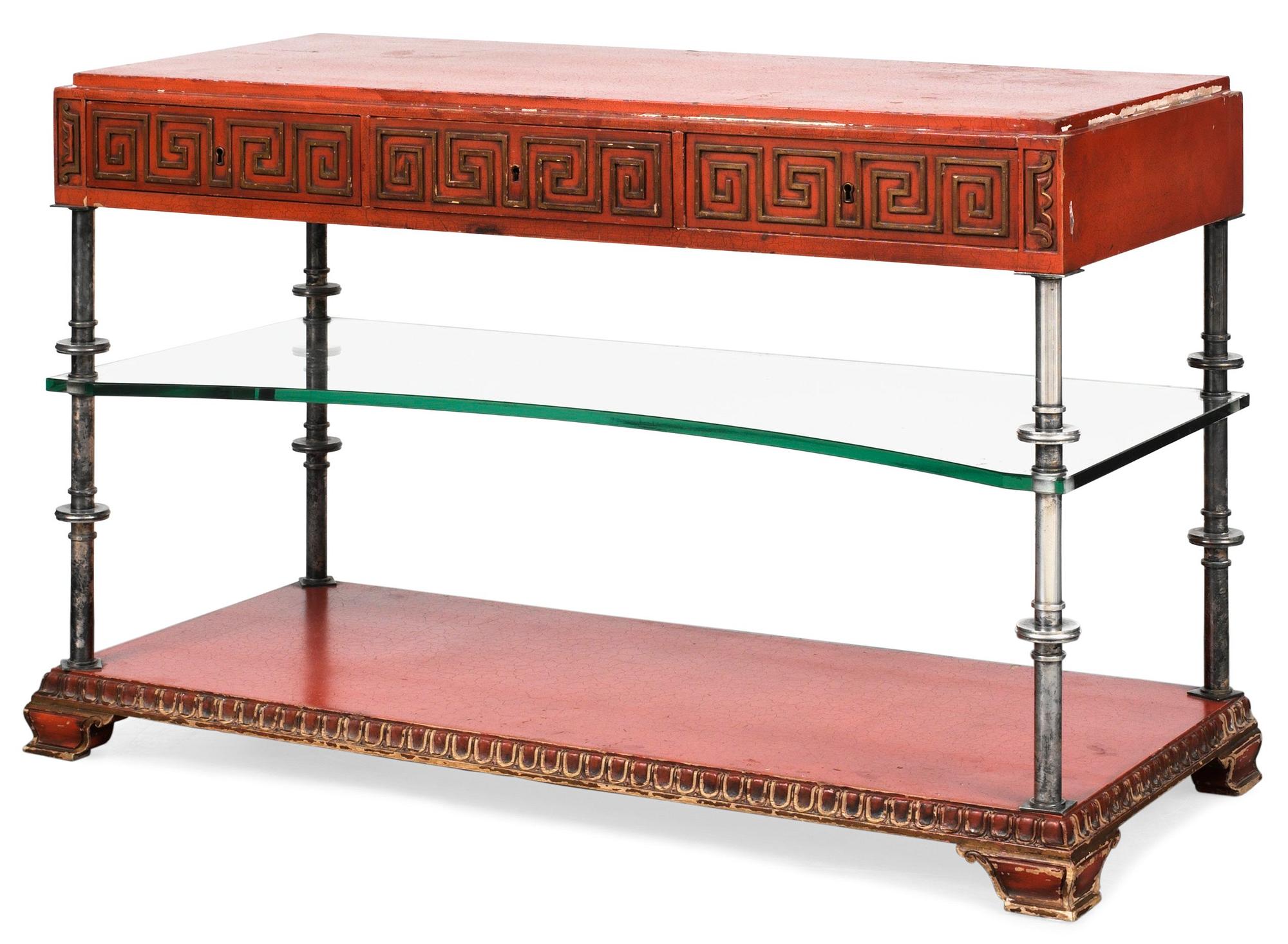 An Axel-Einar Hjorth red lacquered console table "Åbo" with silverplated brass legs, a glass shelf, Nordiska Kompaniet 1929-30.