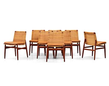 349. Jørgen Høj, a set of eight teak and rattan dining chairs, Thorald Madsen's Snedkeri, Copenhagen Denmark 1950's.