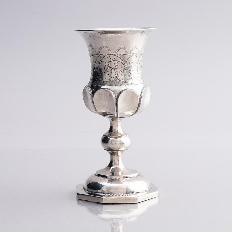 A silver chalice, possibly unidentified maker PT active in Kharkiv circa 1850.