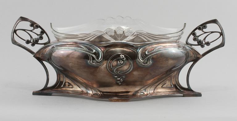 JARDINIERE, britanniametall och glas, jugend, WMF, Tyskland, 1900-talets början.