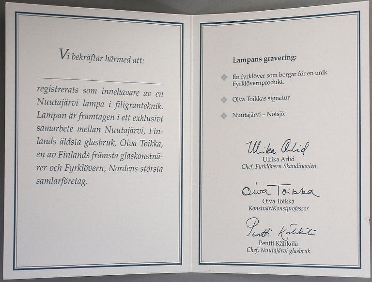 BORDSLAMPA, glas, Oiva Toikka, Nuutajärvi, Notsjö i samarbeta med Fyrklövern.