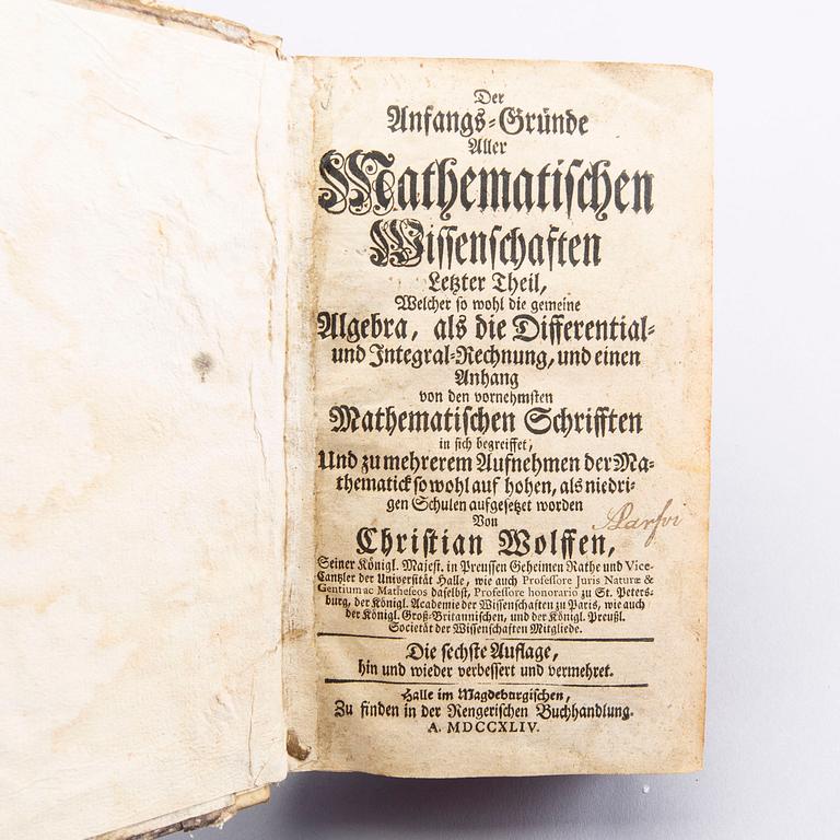 Christian von Wolff, three volymes, mathematics, Frankfurt & Leipzig 1746.