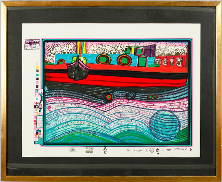 FRIEDENSREICH HUNDERTWASSER, färglitografi med prägling, nummer 2549 av 3000.